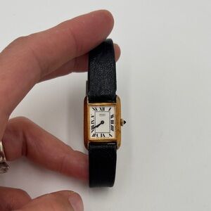 Vintage Seiko 1400-8069 Quartz Gold-Tone Tank Watch Roman Dial Black Strap